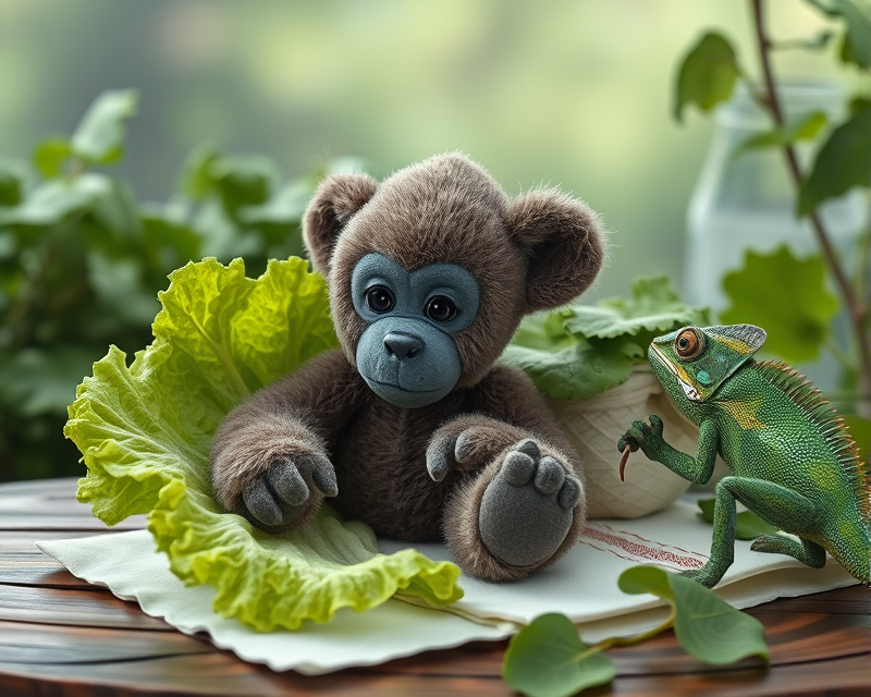 lettuce, napkin, gorilla, teddy bear, chameleon